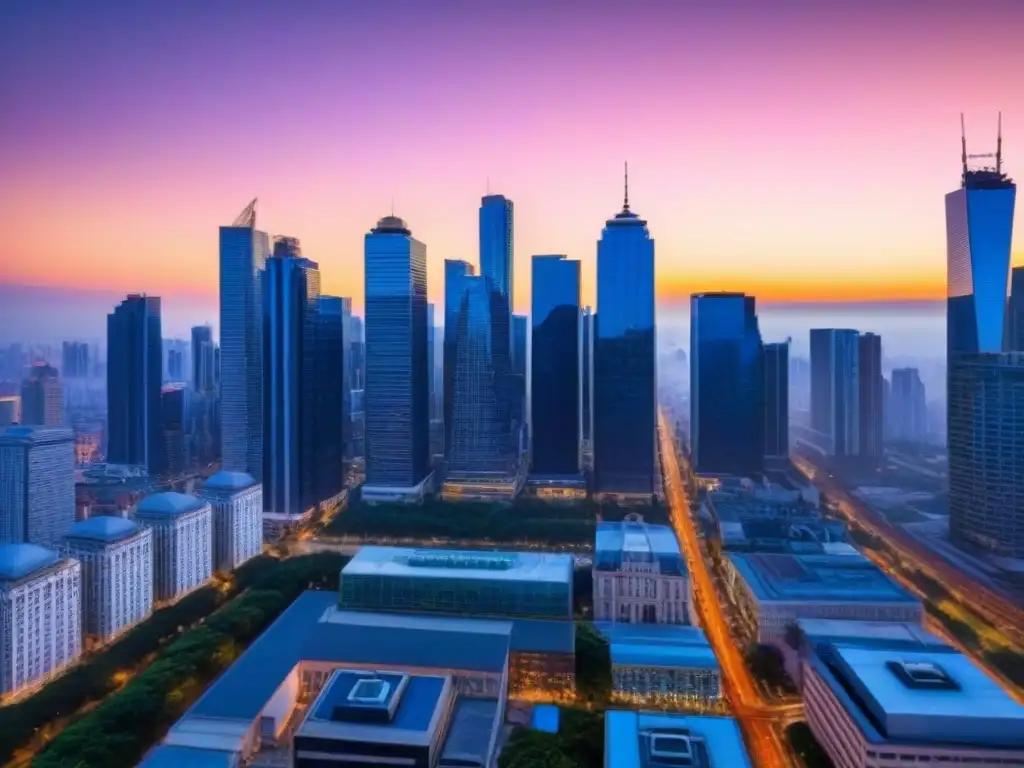 Inversiones inmobiliarias globales: Skyline urbano al atardecer Vibrante panorama urbano al anochecer con rascacielos iluminados, reflejando el dinamismo del mercado inmobiliario global
