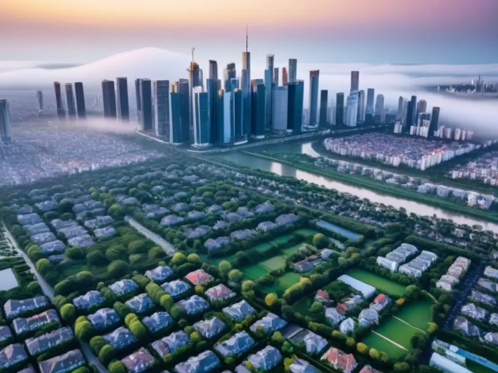 Metrópolis moderna: dinámicas del mercado inmobiliario global Un vibrante panorama urbano con rascacielos, edificios residenciales y espacios verdes, reflejando la dinámica del mercado inmobiliario internacional