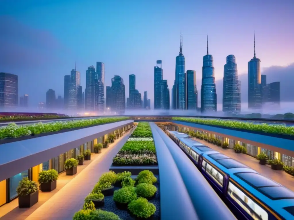 Metrópolis sostenible: inversión inmobiliaria internacional Un vibrante panorama urbano sostenible al anochecer con inversiones inmobiliarias internacionales