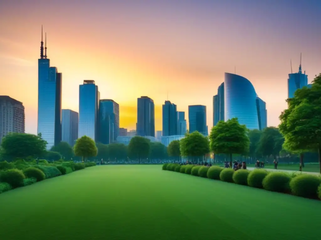 Atardecer en la ciudad: armonía entre desarrollo urbano y sostenibilidad Un vibrante parque urbano entre rascacielos al atardecer, fusiones inmobiliarias y desarrollo sostenible