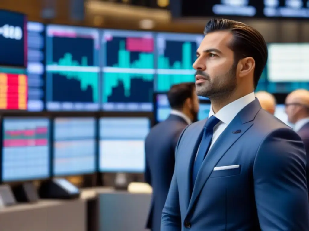 Vibrante mercado bursátil internacional en 8k Vibrante piso de bolsa lleno de traders y pantallas digitales, reflejando la intensidad de los mercados financieros