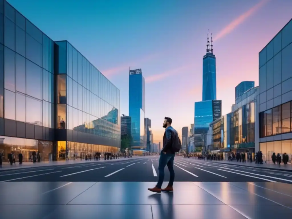 Edificio comercial moderno con vibrante ciudad de fondo Vibrante propiedad comercial con ciudad de fondo