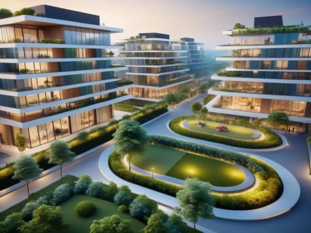 Vibrante desarrollo urbano: modernidad y comunidad en armonía Un vibrante proyecto de revitalización inmobiliaria internacional, con modernos edificios y áreas recreativas, reflejando energía y comunidad