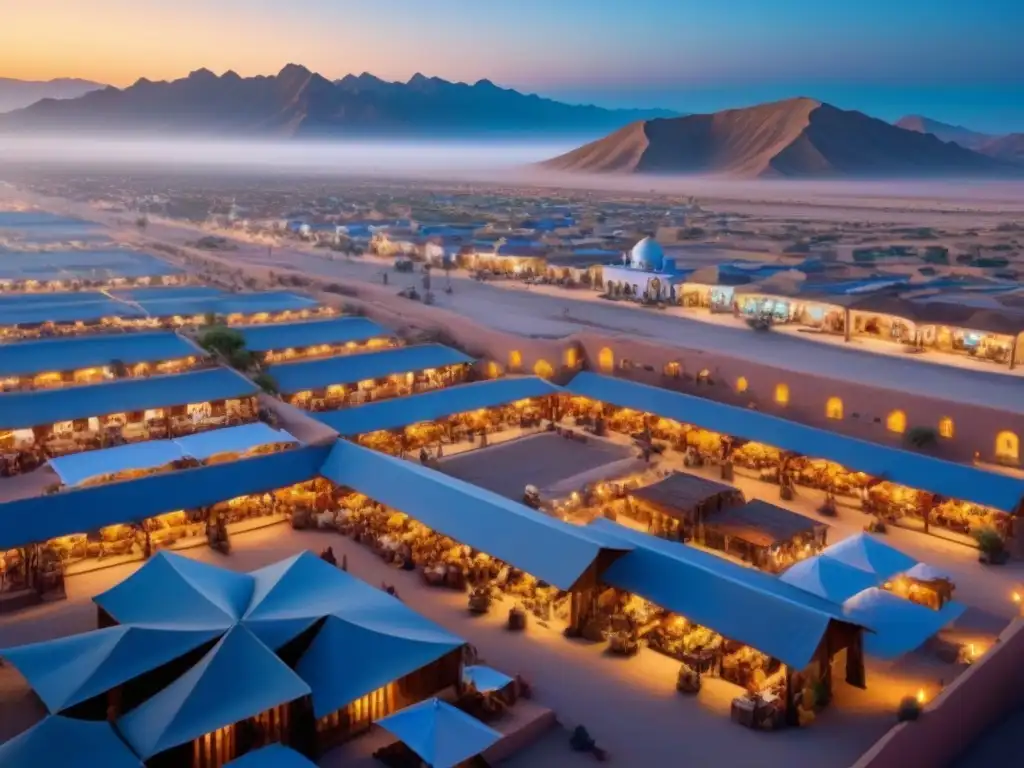 Contrastes urbanos y tradición en pueblo fronterizo del desierto Un vibrante pueblo fronterizo en el desierto, con arquitectura moderna y tradicional, rodeado de vasto terreno arenoso bajo un cielo azul