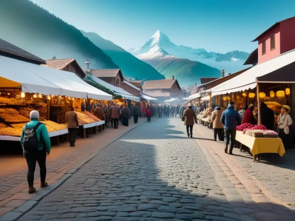 Pintoresco pueblo de montaña: mercado vibrante y aventura al aire libre Vibrante pueblo de montaña con mercado y turistas