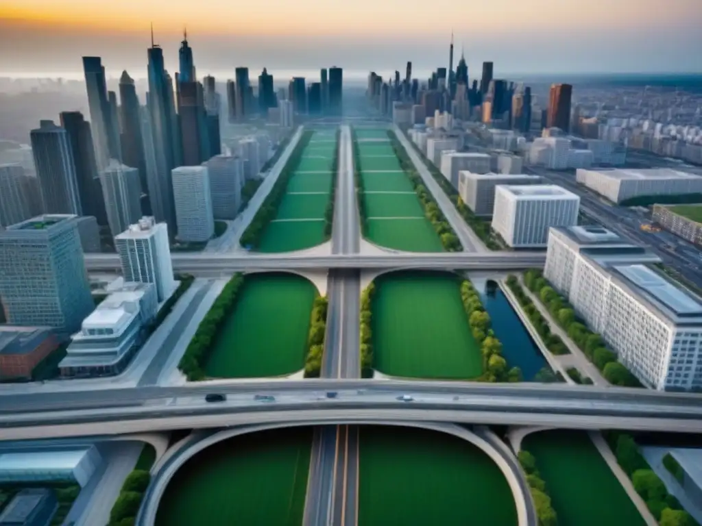 Metrópolis vibrante: oportunidades de inversión en desarrollo urbano Vibrante metrópolis con rascacielos, áreas verdes y calles concurridas
