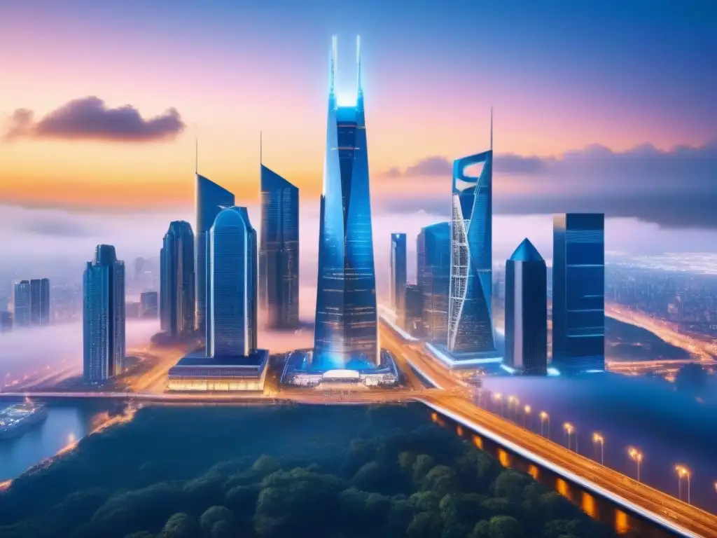 Horizonte futurista: fusión de rascacielos en mercado inmobiliario global Vibrante fusión de rascacielos en la ciudad del futuro, reflejando lecciones fusiones mercado inmobiliario internacional
