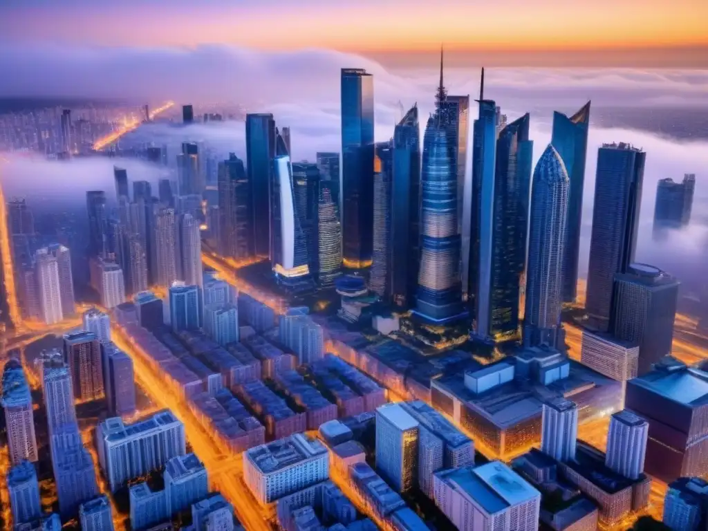Horizonte urbano: fusión de modernidad e historia al atardecer Vibrante fusión de rascacielos y edificios históricos al anochecer en la ciudad, simbolizando sinergias postfusión mercado inmobiliario