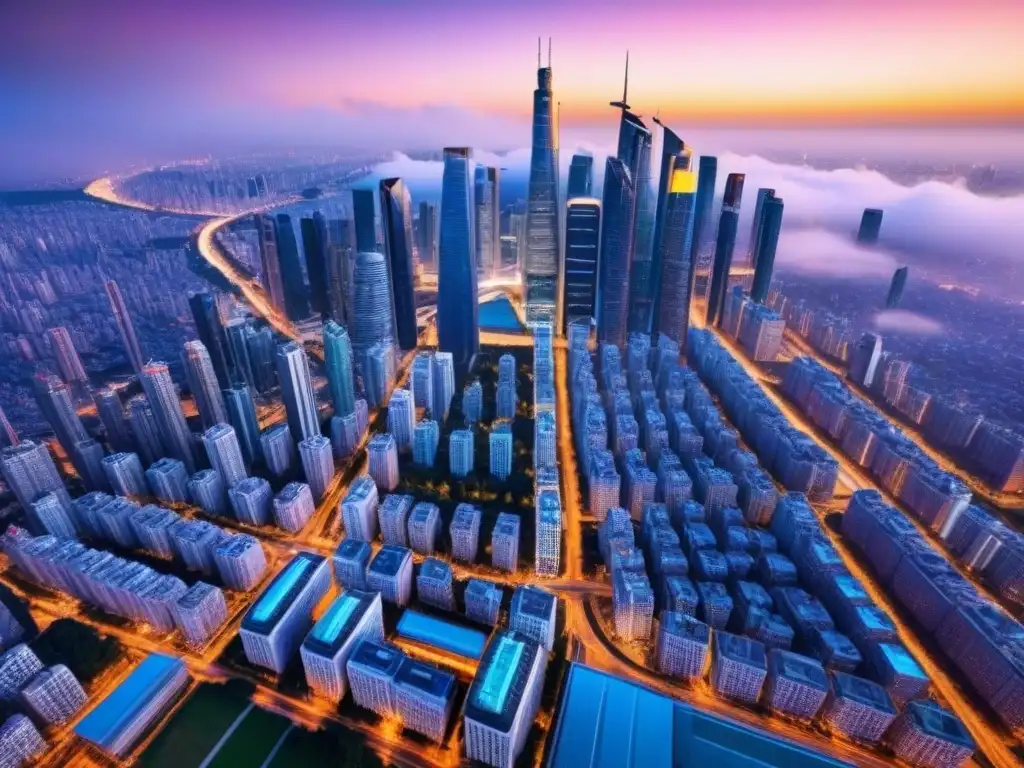 Metrópolis global: skyline vibrante en atardecer Vibrante metrópolis con rascacielos icónicos y diseño arquitectónico moderno