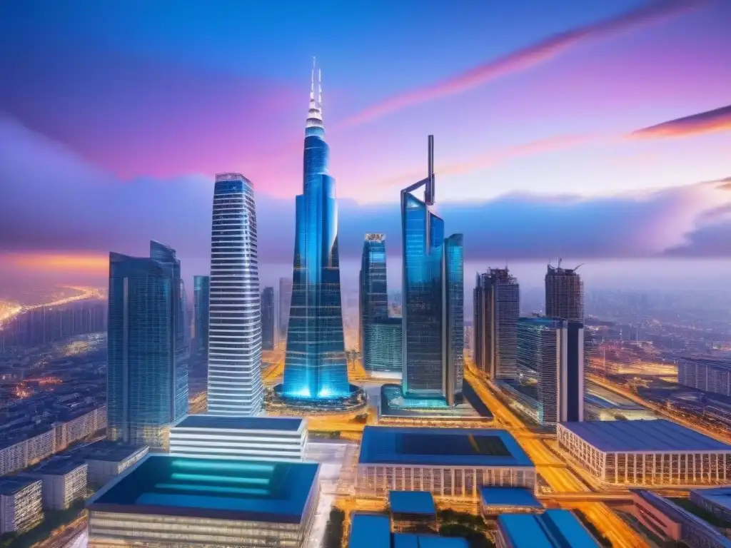 Metrópolis futurista: luces y progreso inmobiliario en la ciudad global Vibrante metrópolis al anochecer, con rascacielos iluminados y edificio de vidrio futurista