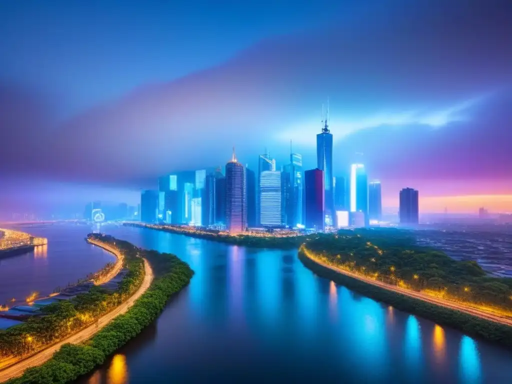 Metrópolis futurista: luces neón y río tranquilo al atardecer Vibrante metrópolis al anochecer con rascacielos iluminados y un río sereno, representando joyas ocultas mercado inmobiliario