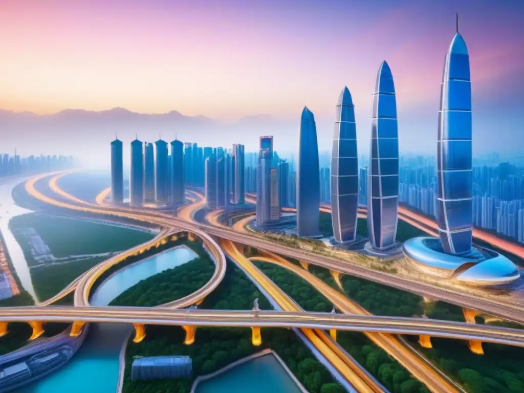 Metrópolis vibrante: ciudad futurista en la Iniciativa Belt and Road Vibrante metrópolis con rascacielos innovadores y trenes de altaeverlocidad