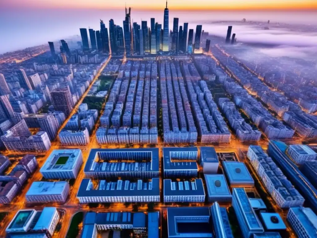 Metrópolis vibrante: real estate en auge Vibrante metrópolis con rascacielos modernos y calles llenas de gente, reflejando la reactivación inmobiliaria