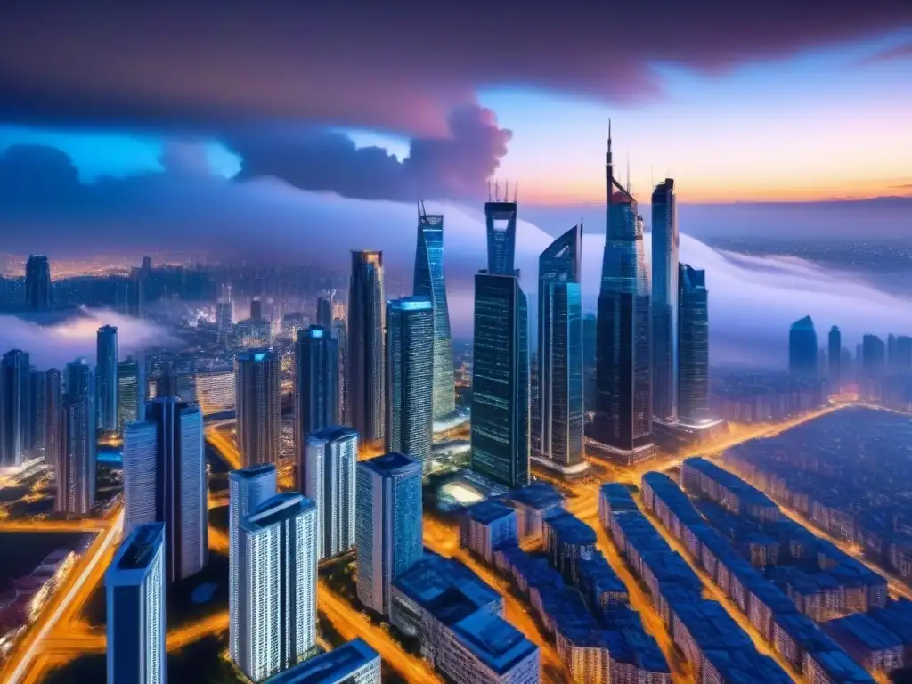 Metrópolis futurista: Skyline de rascacielos en auge Vibrante metrópolis con rascacielos modernos iluminados de noche, reflejando el ajetreo del mercado inmobiliario internacional personalizado