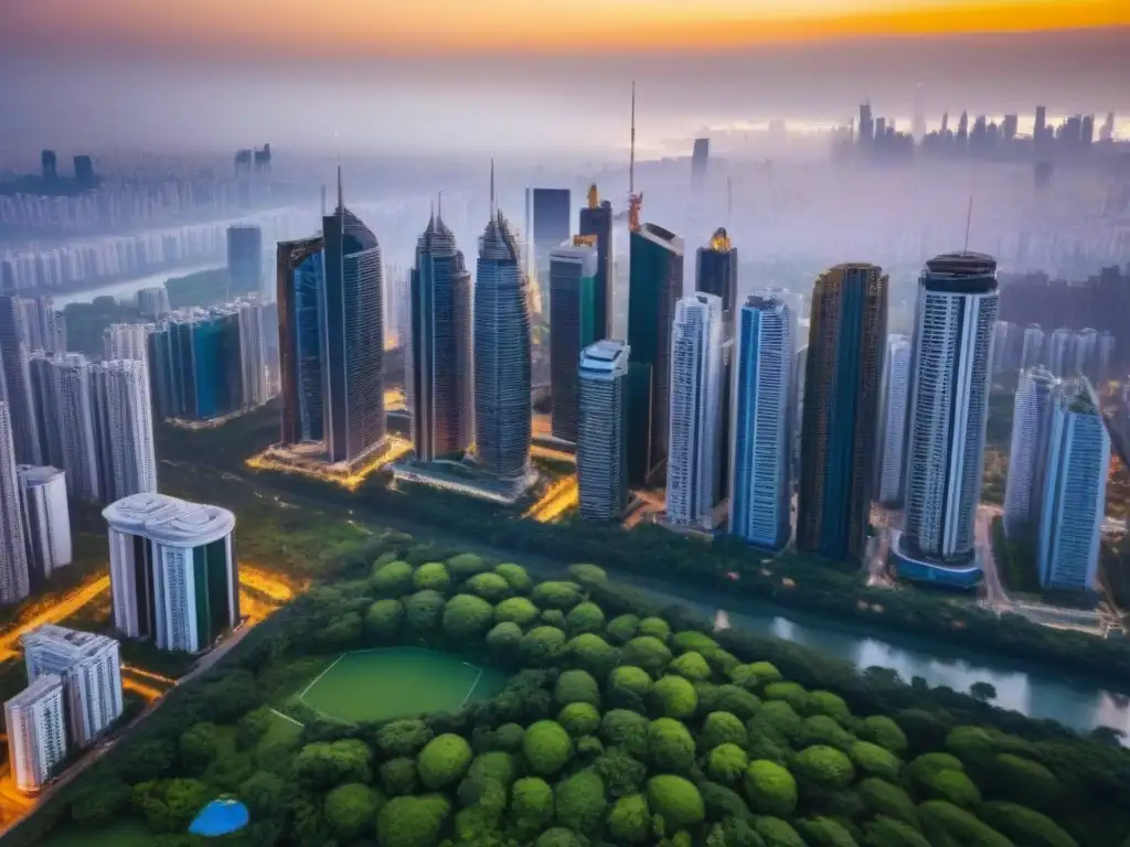Metrópolis moderna: rascacielos dorados entre naturaleza exuberante Vibrante metrópolis con rascacielos y naturaleza exuberante; reflejos dorados del atardecer