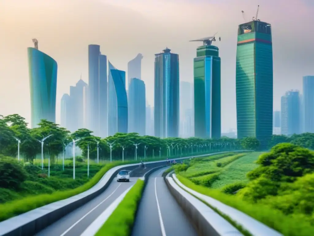 Desarrollo urbano sostenible: ciudad verde y moderna Vibrante ciudad ecológica con rascacielos y naturaleza