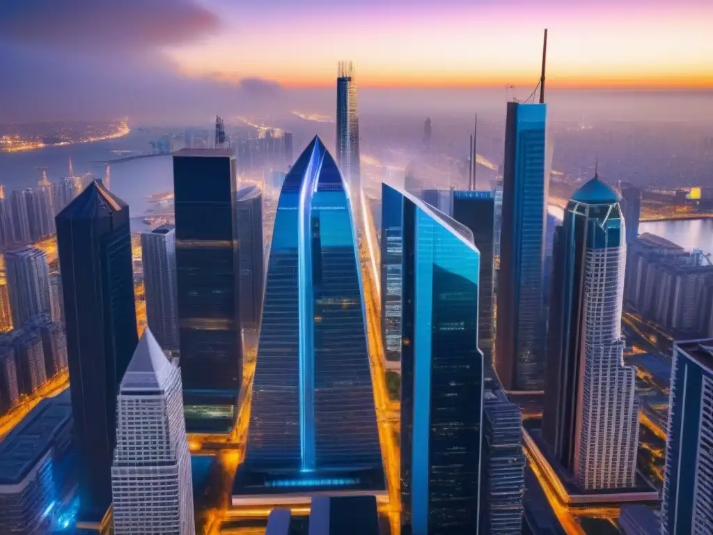 Metrópolis vibrante: Oportunidades de inversión inmobiliaria global Vibrante metrópolis con rascacielos, simbolizando oportunidades y riesgos en Inflación en inversiones inmobiliarias internacionales
