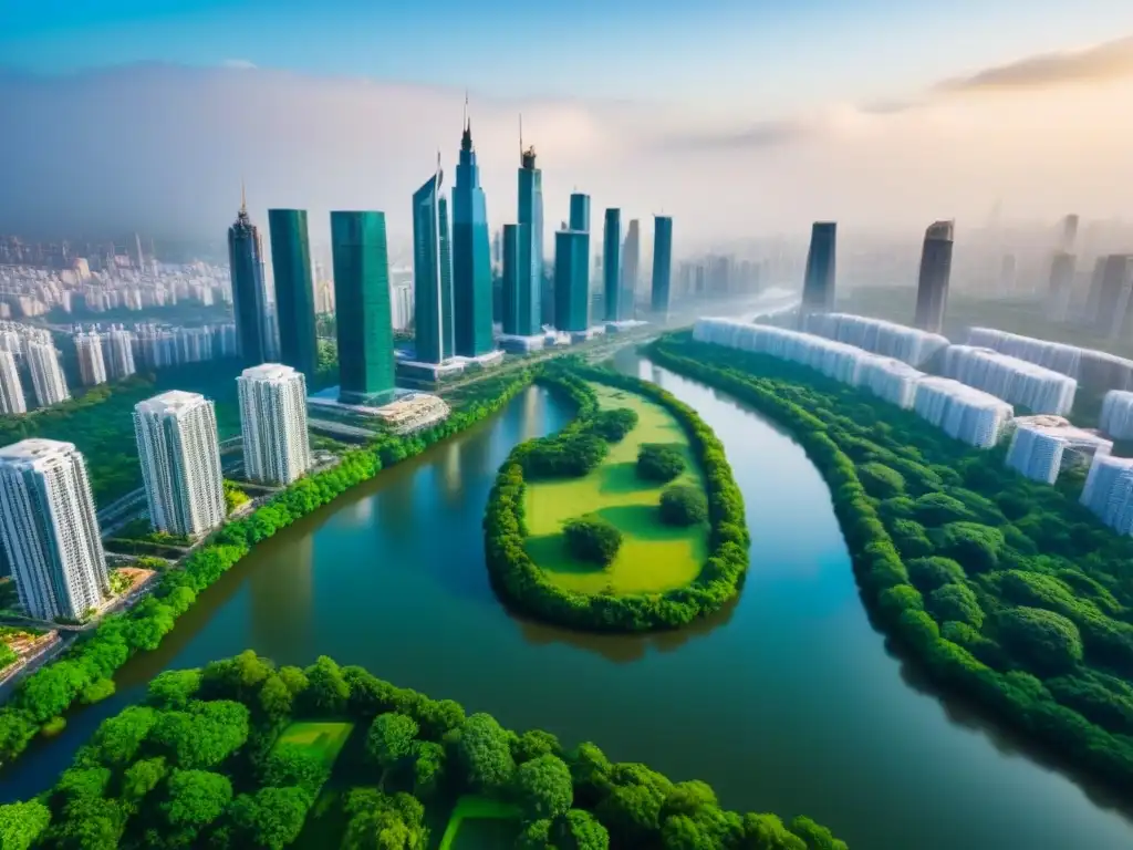 Metrópolis urbana: arquitectura moderna, naturaleza y prosperidad Vibrante metrópolis con rascacielos, parques verdes y río, ideal para estrategias inversión inmobiliaria mercado maduro