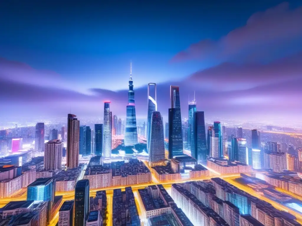 Metrópolis futurista: inversión inmobiliaria internacional Vibrante metrópolis con rascacielos de vidrio y pantallas digitales mostrando datos del mercado de inversiones inmobiliarias internacionales