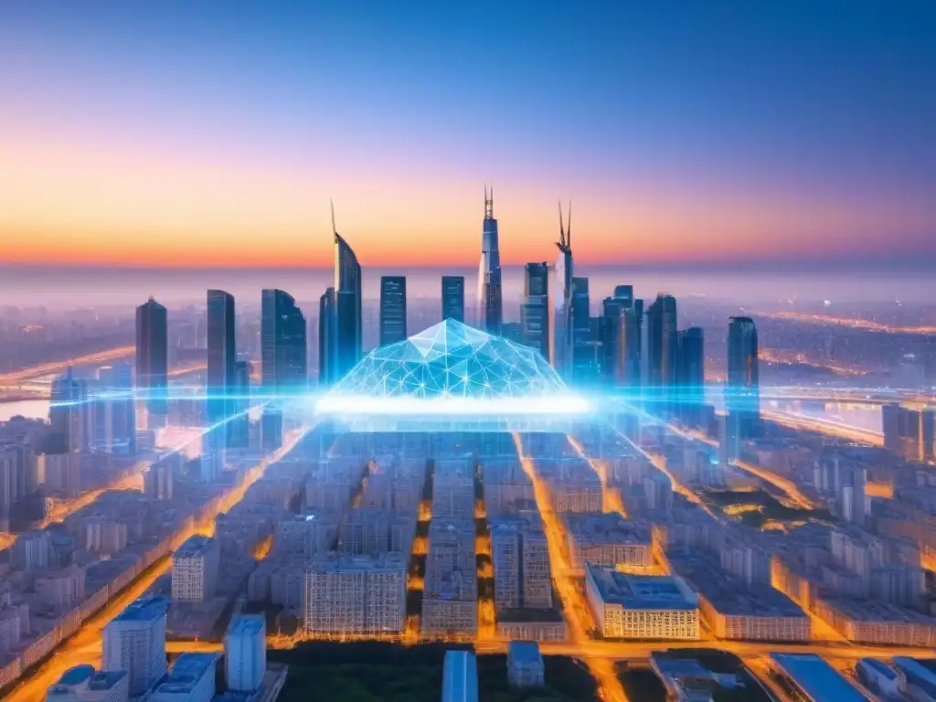 Blockchain inmobiliario: seguridad futurista al atardecer Vibrante red blockchain transparente sobre la ciudad al atardecer, simbolizando la verificación autenticidad inversiones inmobiliarias blockchain