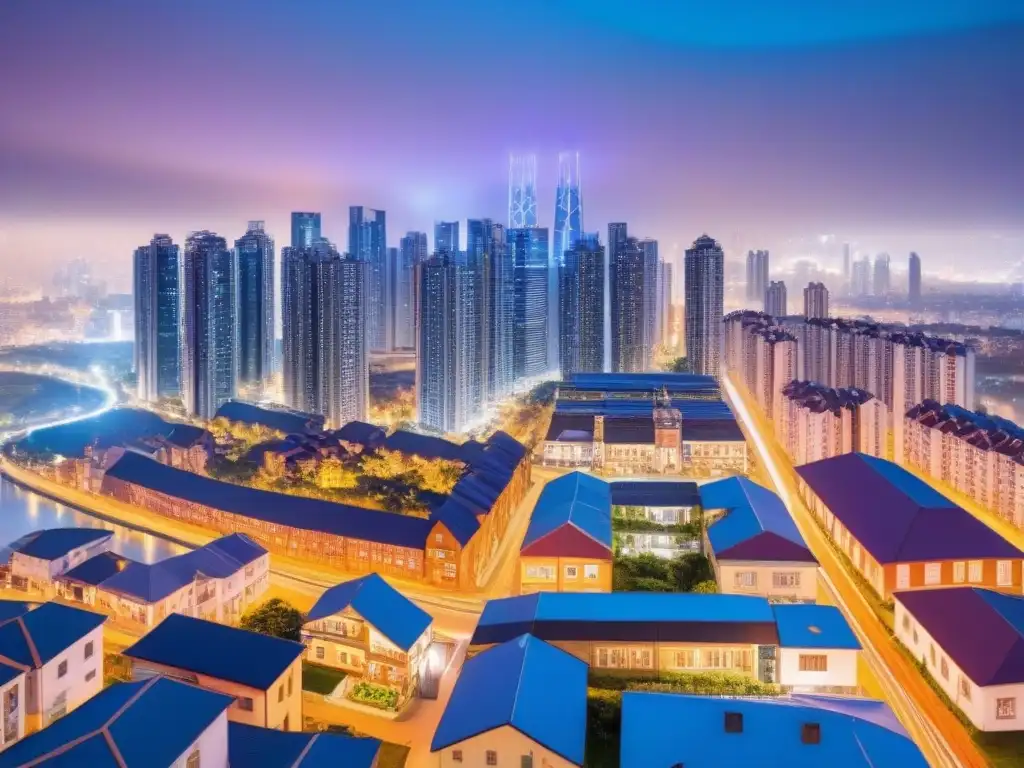 Redes Globales de Vivienda: Impacto Arquitectónico Vibrante red global de skylines interconectados, reflejando políticas de vivienda globales