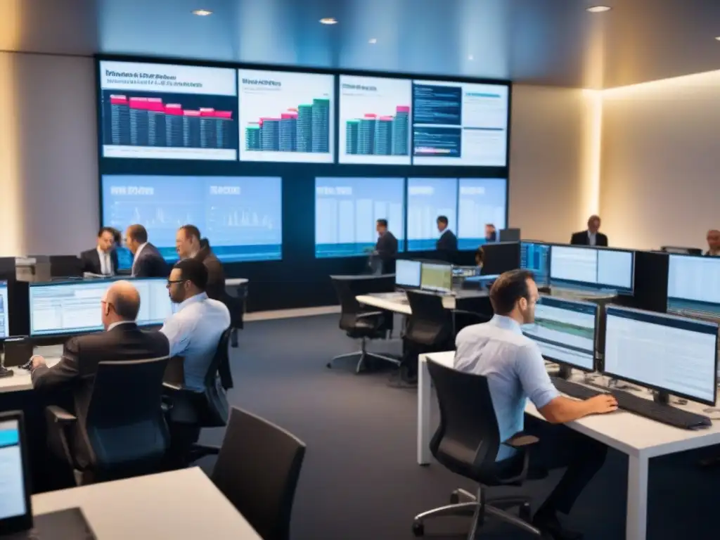 Sala de redacción moderna con noticias sobre la adquisición de Move, Inc Una vibrante redacción con periodistas y pantallas digitales, destacando la Adquisición de Move, Inc