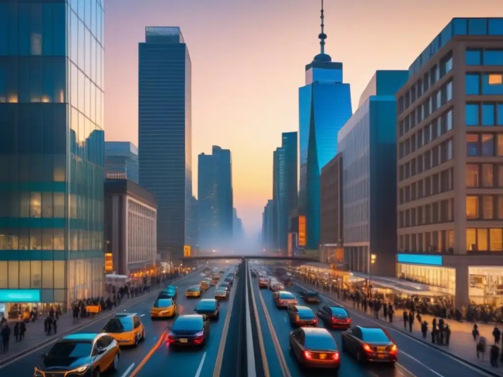 Vibrante ciudad nocturna: migración interna en Norteamérica Vibrante metrópolis al anochecer, reflejo de tendencias migratorias mercado inmobiliario