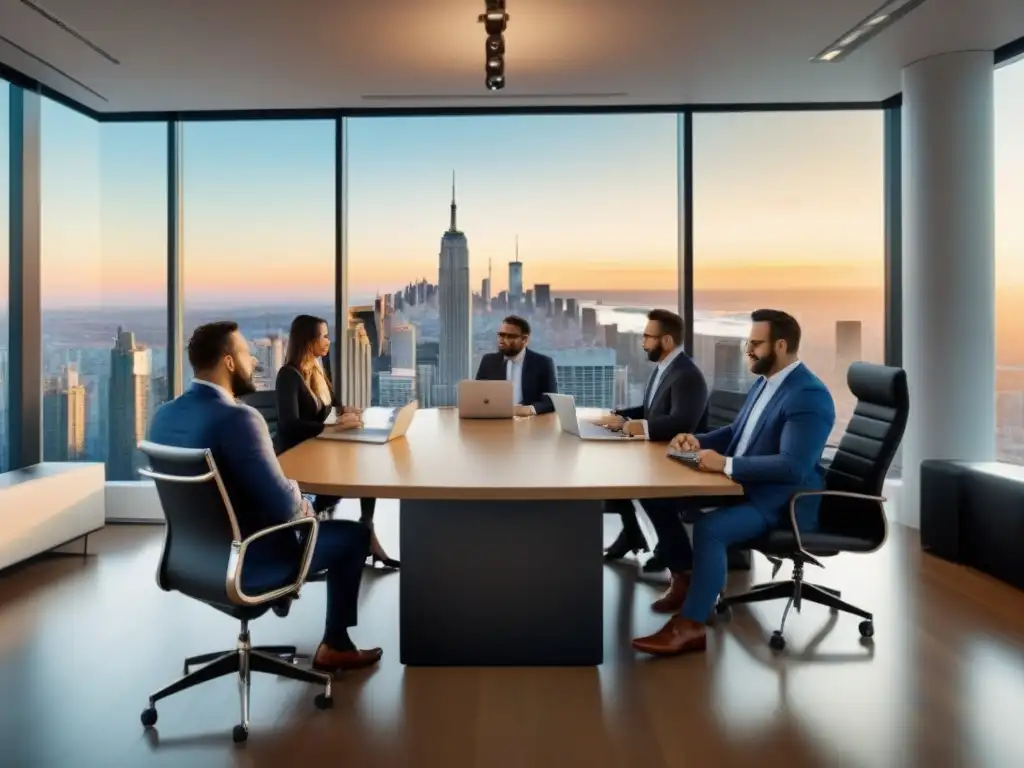 Reunión de influencers y profesionales inmobiliarios en oficina moderna Una vibrante reunión de Influencers en mercado inmobiliario internacional, discutiendo en una moderna oficina con vista a la ciudad