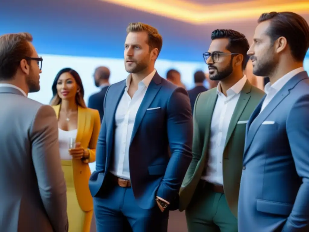Inversores se conectan en evento de real estate y criptomonedas Vibrante reunión de inversionistas bienes raíces criptomonedas comunidad en evento futurista