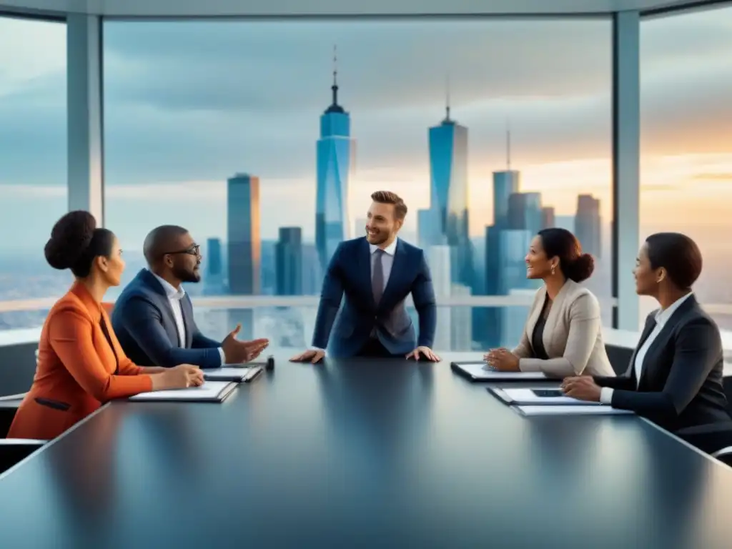 Inversionistas diversos en debate: escena moderna Una vibrante reunión de inversionistas en un espacio moderno, simbolizando la diversidad y la igualdad de género en Mercados emergentes en M&A