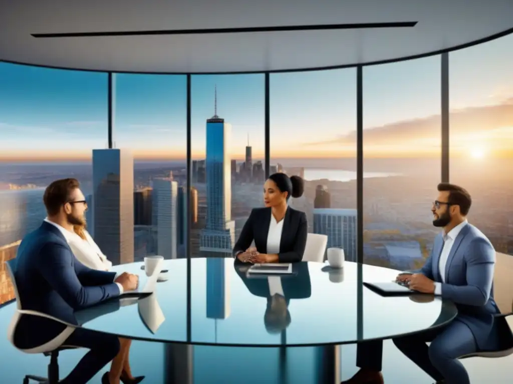 Inversores diversificados debaten oportunidades inmobiliarias en oficina moderna Una vibrante reunión de inversores de todas las edades en una oficina moderna, analizando datos de mercados inmobiliarios internacionales