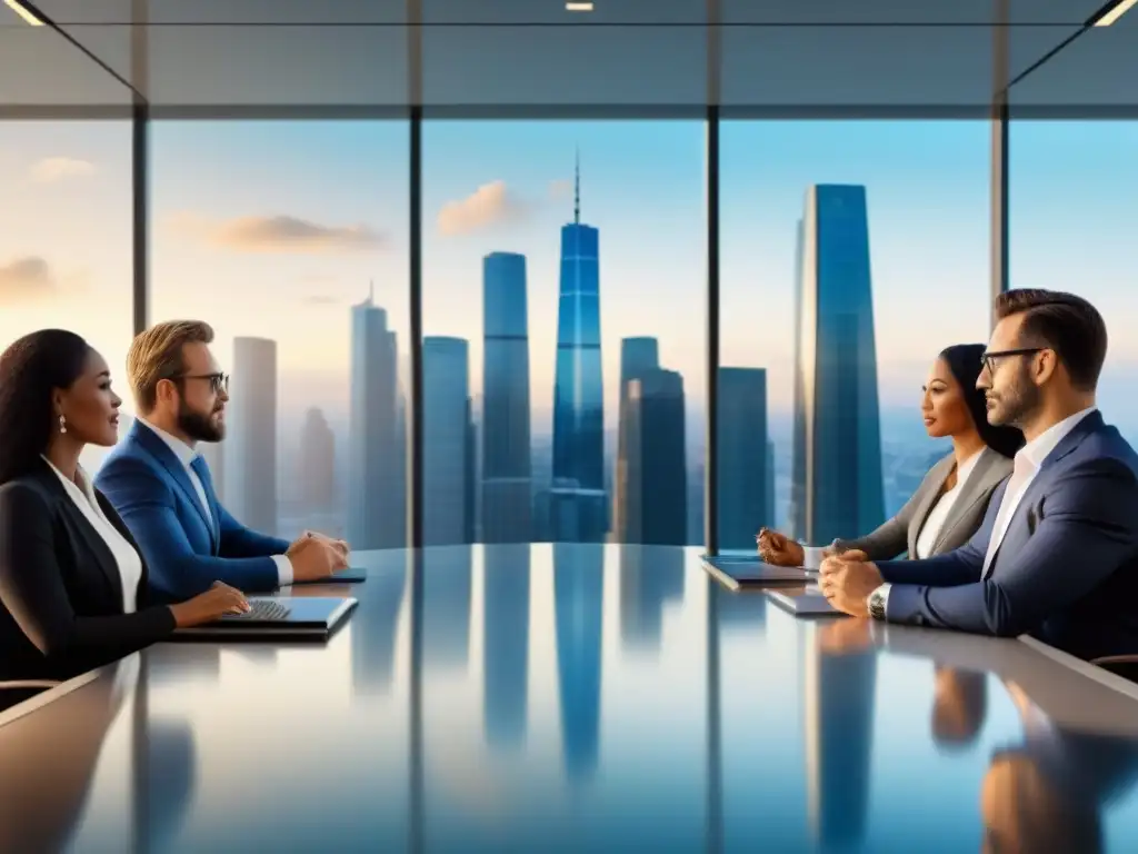 Inversores globales en sala de juntas moderna Una vibrante reunión de inversores globales en un moderno salón de juntas, analizando riesgos inversión mercado inmobiliario