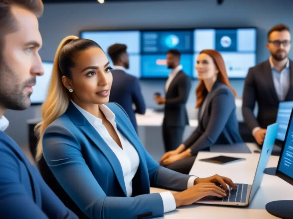 Profesionales colaboran en coworking de PropTech Una vibrante reunión de profesionales diversos en un espacio coworking moderno, discutiendo inversiones en tecnología inmobiliaria