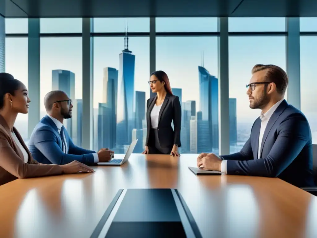 Reunión de profesionales en oficina moderna Una vibrante reunión de profesionales en un entorno moderno, discutiendo estrategias de inversiones inmobiliarias en mercados estables