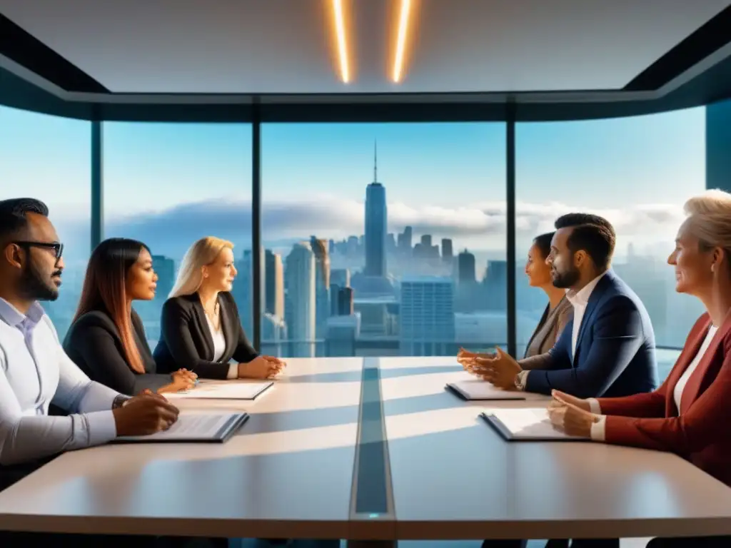 Reunión de profesionales diversa en boardroom moderno Una vibrante reunión de profesionales de diferentes etnias y géneros, discutiendo estrategias de inversión en cohousing