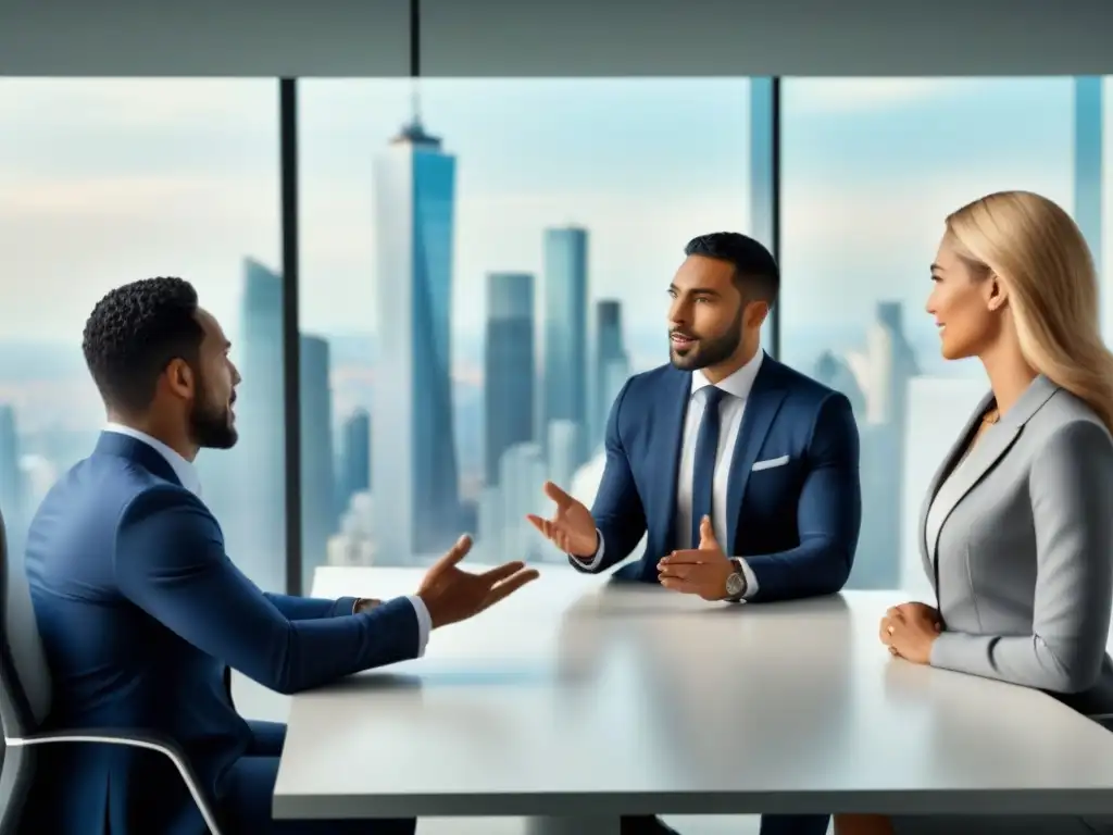 Profesionales globales debaten inversiones en oficina moderna Una vibrante reunión de profesionales internacionales en una oficina moderna hablando sobre tasas de interés en inversiones