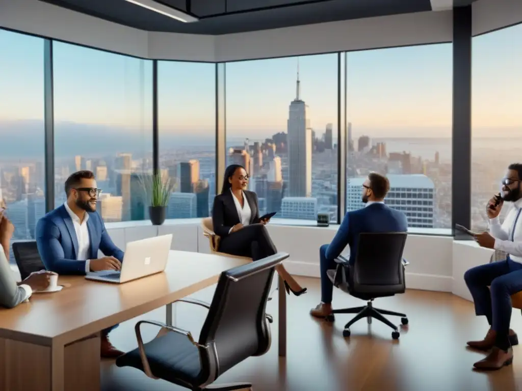 Profesionales debatiendo estrategias de crowdfunding inmobiliario en oficina moderna Una vibrante reunión de profesionales en una oficina moderna, analizando estrategias de crowdfunding inmobiliario