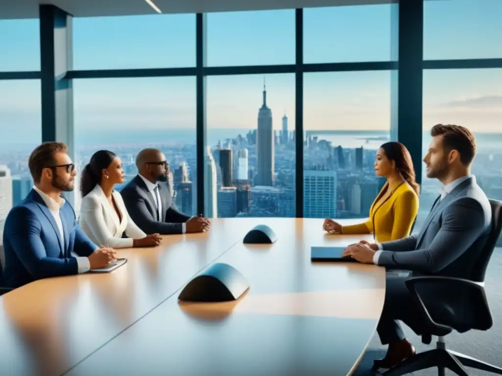 Reunión estratégica de profesionales en oficina moderna Una vibrante reunión de profesionales en una oficina moderna, discutiendo estrategias sobre 'Riesgo inversiones comerciales internacionales'