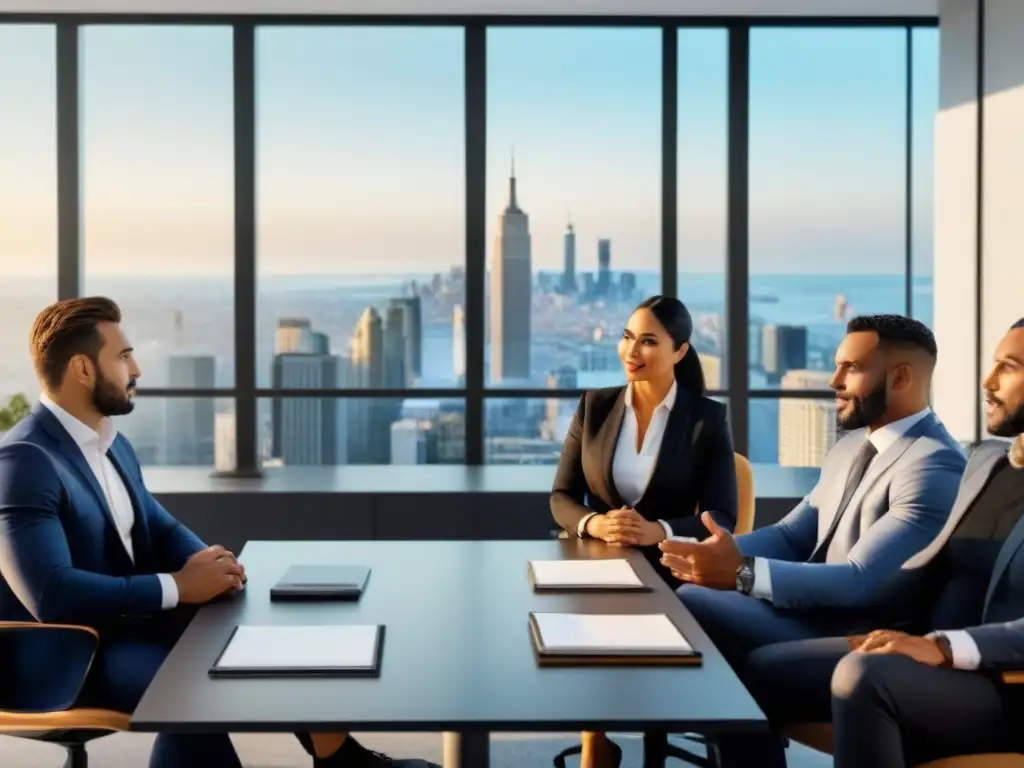 Reunión profesional en oficina moderna: regulaciones inmobiliarias globales Vibrante reunión de profesionales en una oficina moderna, discutiendo regulaciones fiscales mercado inmobiliario global
