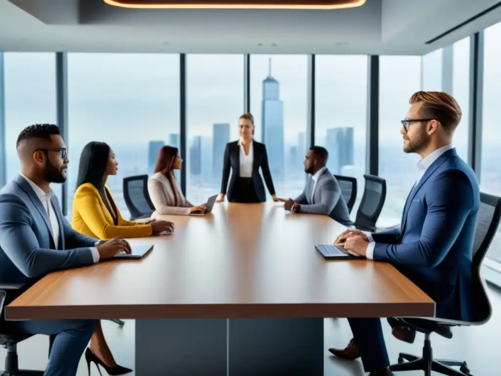 Equipo profesional diverso en oficina moderna y luminosa Una vibrante reunión de profesionales en una oficina moderna, con vista a la ciudad