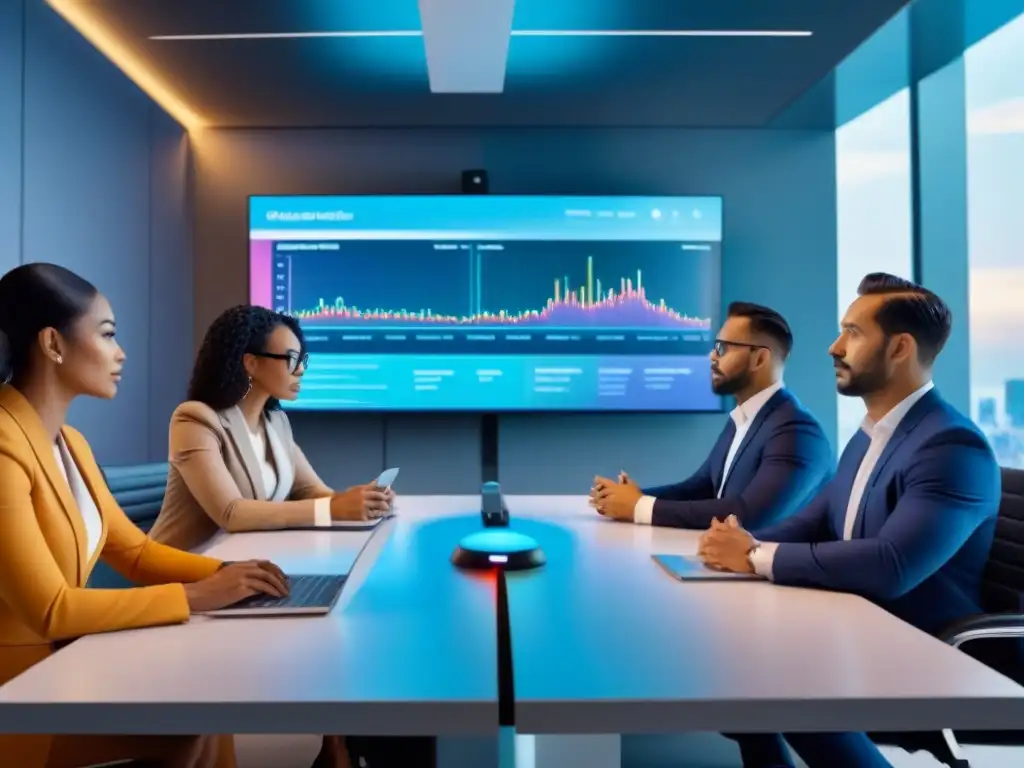 Profesionales diversificados en reunión de inversión en timeshares Vibrante reunión de profesionales en una oficina moderna, analizando datos de inversión en tiempo compartido