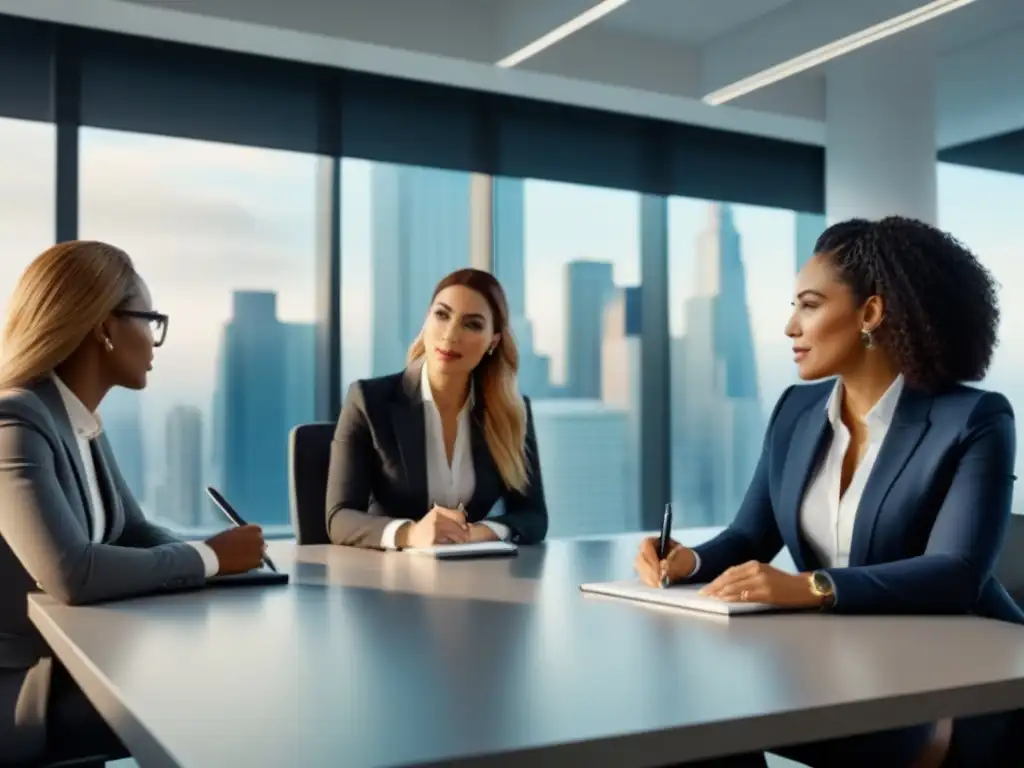 Profesionales diversificados en reunión de trabajo en oficina moderna Una vibrante reunión de profesionales en una oficina moderna, colaborando en un ambiente de expertise y profesionalismo