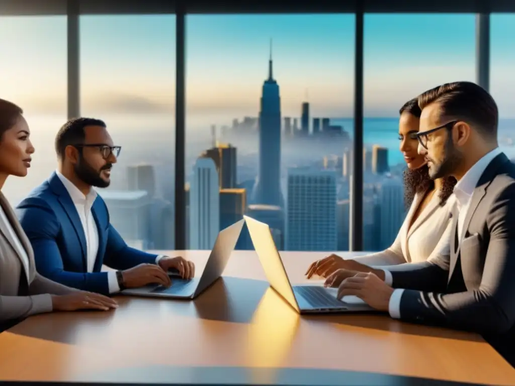 Inversión inmobiliaria internacional: Profesionales en moderna oficina Una vibrante reunión de profesionales de diversos orígenes en una oficina moderna, discutiendo sobre inversiones inmobiliarias mercado internacional