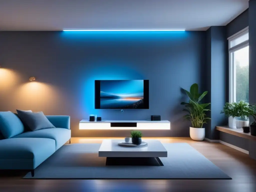 Salón futurista de hogar inteligente con IoT de vanguardia Vibrante sala futurista de Smart Home con dispositivos IoT integrados