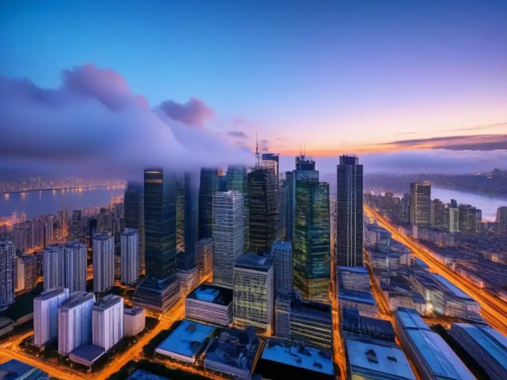 Vista aérea cautivadora de una ciudad moderna al atardecer Vibrante sector inmobiliario: ciudad moderna iluminada al anochecer