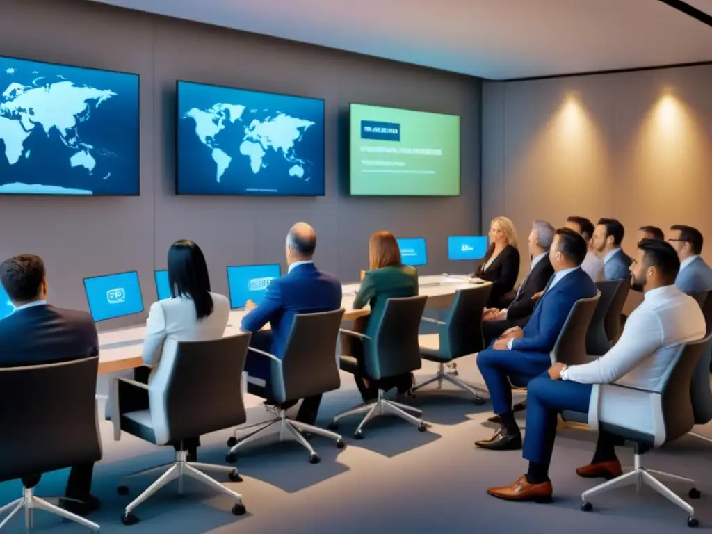 Conferencia global de inversores: estrategias inmobiliarias de vanguardia Vibrante seminario de bienes raíces internacionales con inversores globales en sala moderna y futurista