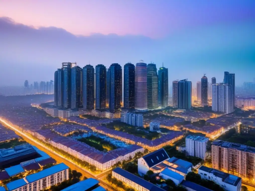 Amanecer urbano: metrópolis moderna y vibrante Vibrante metrópolis al anochecer, símbolo de análisis predictivo IoT para inversores inmobiliarios