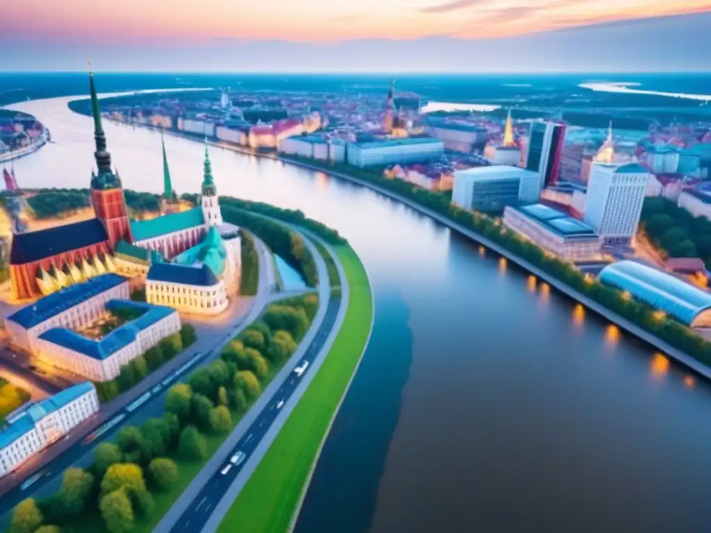 Skyline moderno de Riga, Letonia: fusión histórica y contemporánea Vibrante skyline de Riga, Letonia, fusionando arquitectura histórica y moderna