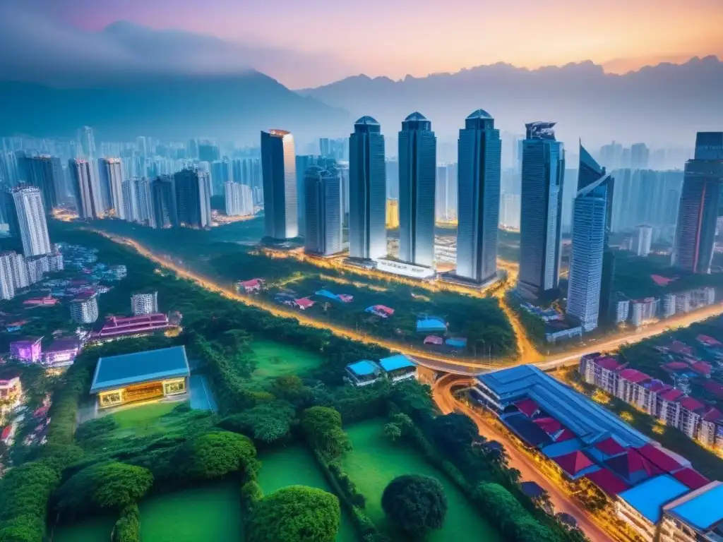 Horizonte urbano de Asia: fusión de tradición y modernidad Vibrante skyline en Asia con arquitectura tradicional y moderna, reflejando el avance gracias a la inversión inmobiliaria extranjera en Asia