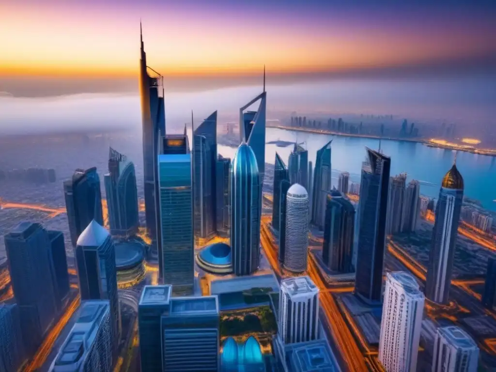 Horizonte urbano de Oriente Medio al atardecer: oportunidades de inversión Vibrante skyline al atardecer en una bulliciosa ciudad del Medio Oriente, reflejando oportunidades para inversores en un mercado inmobiliario dinámico